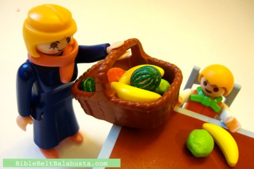 Playmobil folk preparing for a legit Tu B'Shevat seder