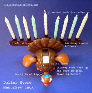 Menurkey (Menorah + Turkey) made out of solar-power turkey toy