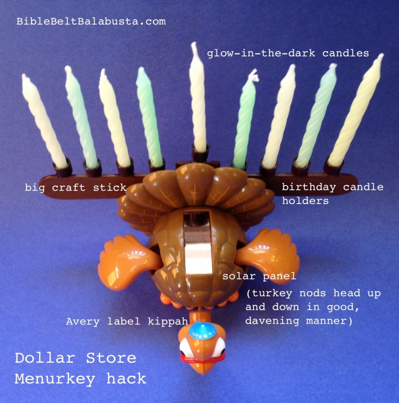 Menurkey (Menorah + Turkey) made out of solar-power turkey toy