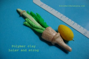 Lulav and etrog, polymer clay. The pitom is a broom straw