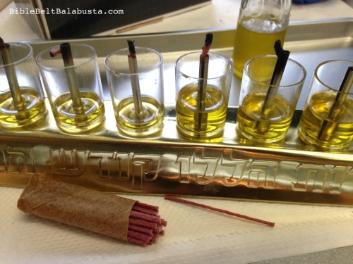 note the wick holders (tzinores) and special wicks